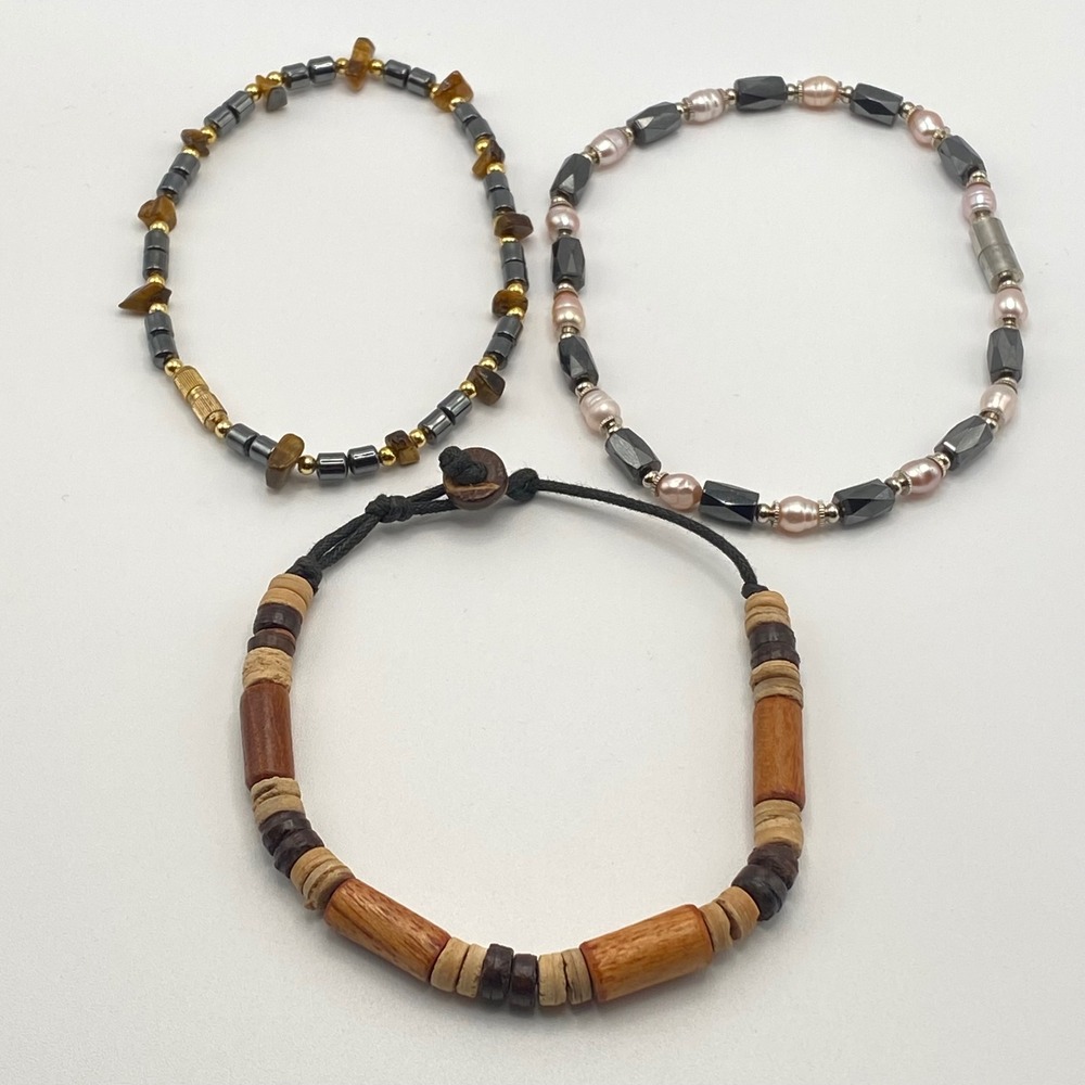 Vintage Beaded Anklets Lot Hematite Wood Pearl Tigers Eye Boho Estate Jewelry